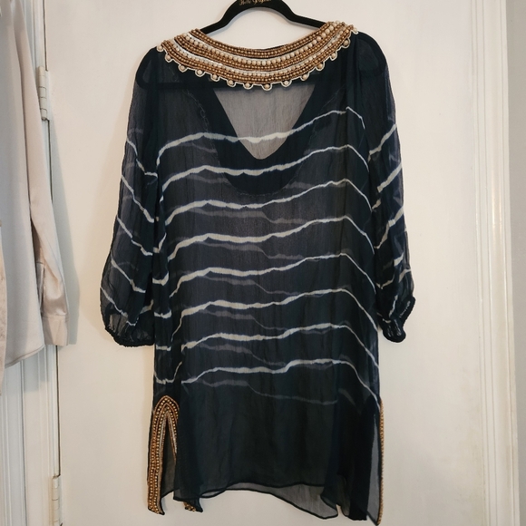 Calypso St. Barth Sheer Black Tunic with Gold Embellishments Medium 100% Silk - Picture 3 of 9